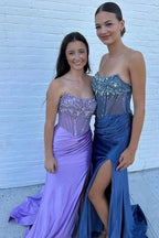 Lila | Strapless Mermaid Satin Beaded Prom Dress With Split by KissProm