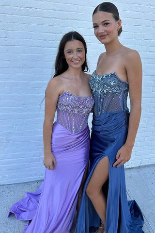 Lila | Trägerloses Meerjungfrau-Ballkleid aus Satin mit Perlen und Schlitz