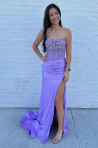 Lila | Strapless Mermaid Satin Beaded Prom Dress With Split by KissProm