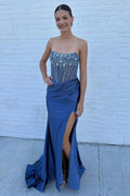 Lila | Strapless Mermaid Satin Beaded Prom Dress With Split by KissProm