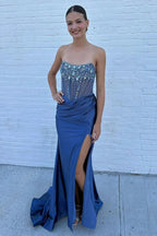 Lila | Strapless Mermaid Satin Beaded Prom Dress With Split by KissProm