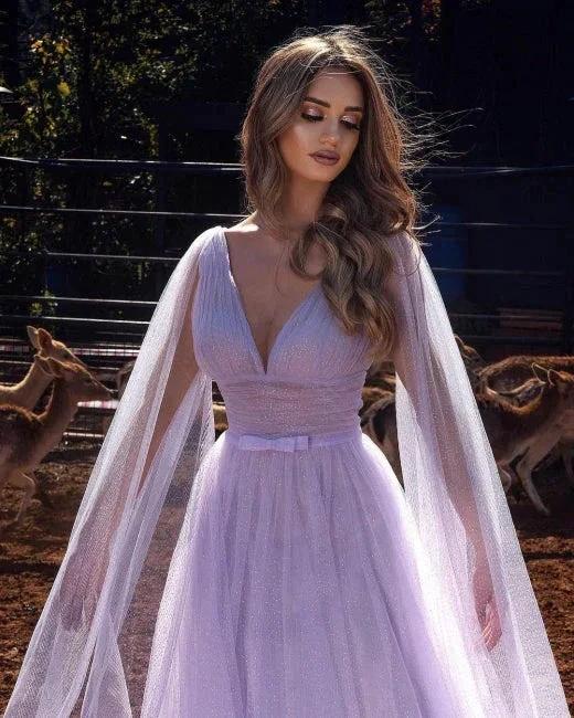 Lilac A-line Long V-Neck Long Sleeves Prom Dresses with Glitter by misshow.com