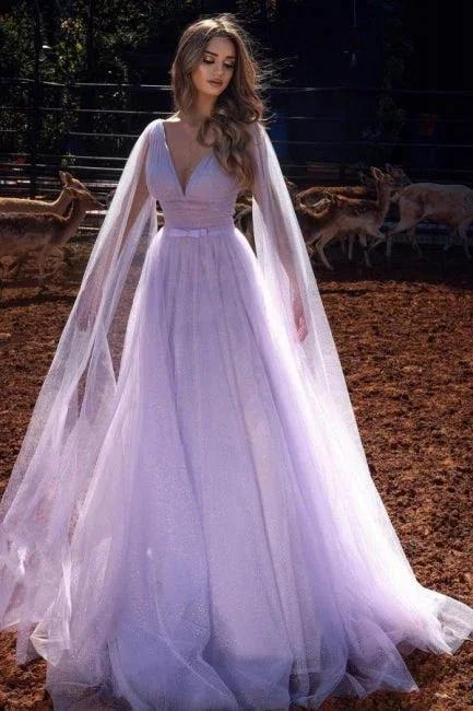 Lilac A-line Long V-Neck Long Sleeves Prom Dresses with Glitter by misshow.com