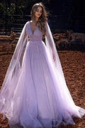 Lilac A-line Long V-Neck Long Sleeves Prom Dresses with Glitter by misshow.com