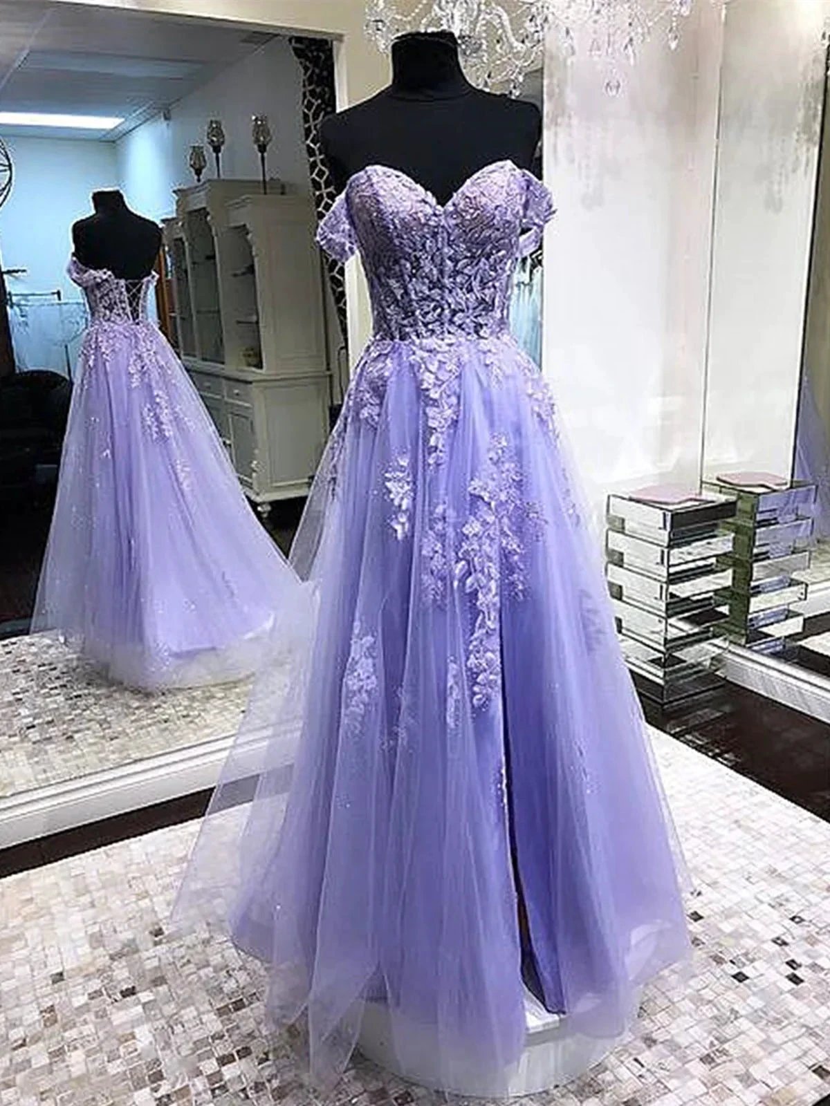 Lilac Long A-line Off the Shoulder Tulle Lace Formal Prom Dresses by BIZTUNNEL