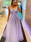 Lilac Long A Line V Neck Lace Tulle Beaded Prom Dresses by BIZTUNNEL