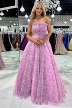 Amani |A line Strapless Printed Glitter Tulle Prom Dress by KissProm