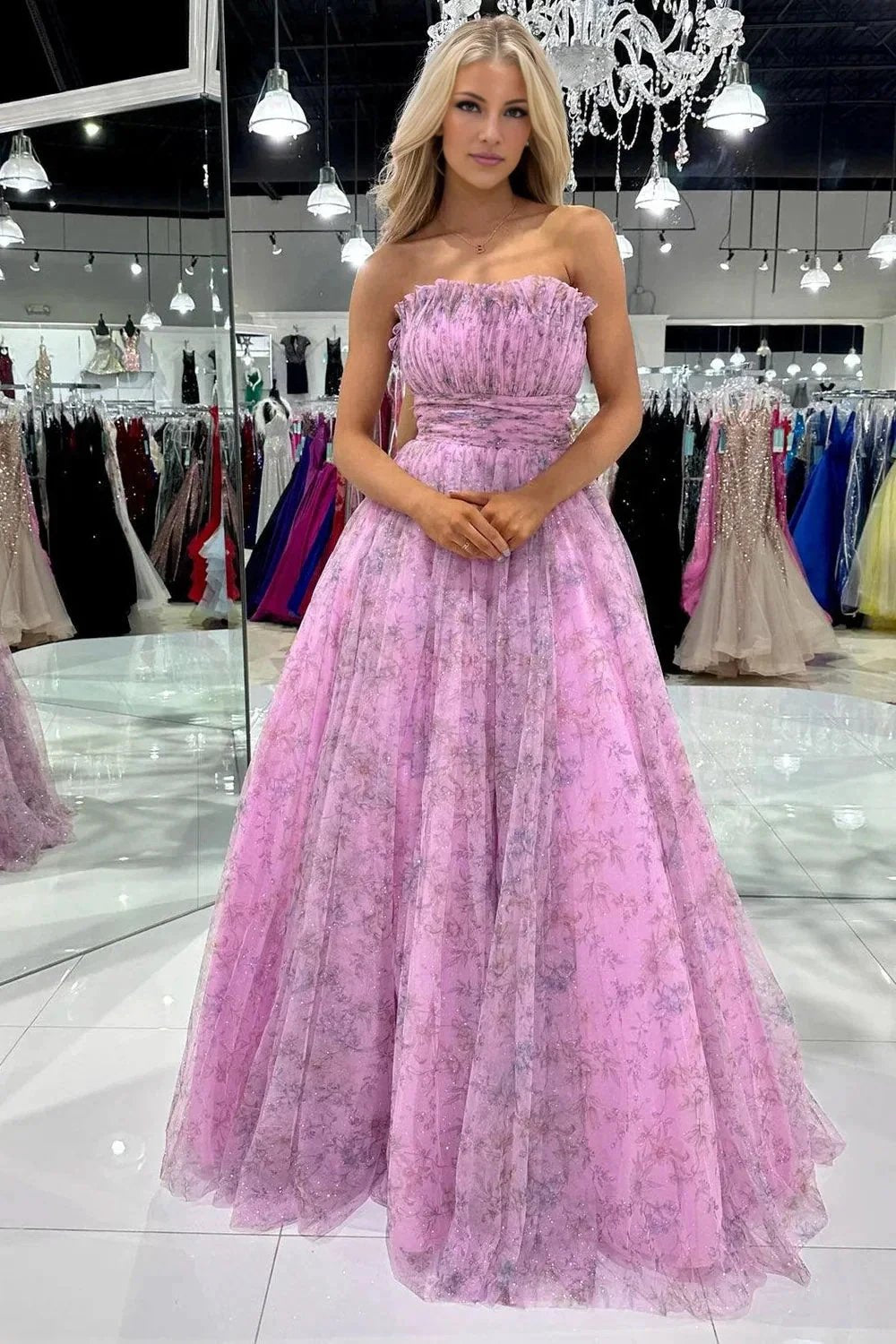 Amani |A line Strapless Printed Glitter Tulle Prom Dress by KissProm