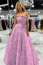 Amani |A line Strapless Printed Glitter Tulle Prom Dress by KissProm