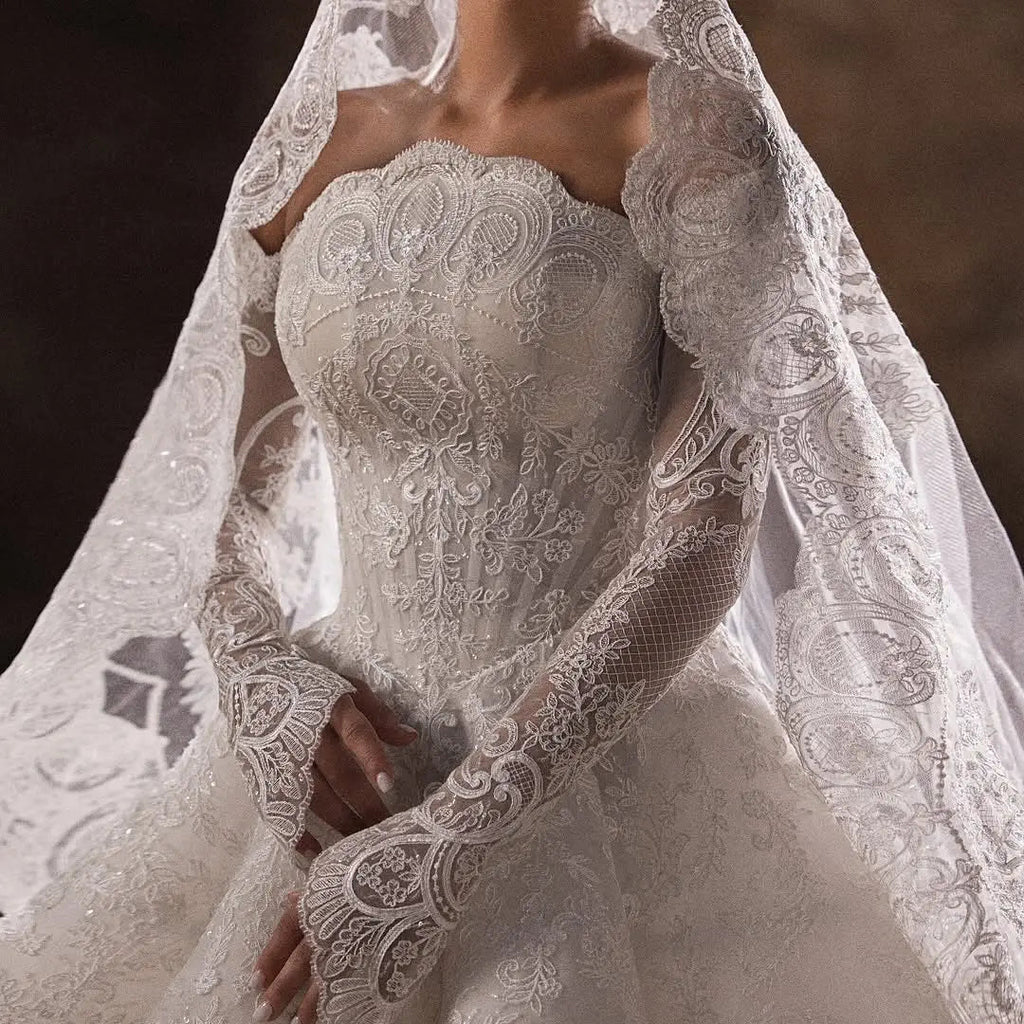 Luxury White Lace Long Sleeve Fitted Train Wedding Dress with Veil SW524