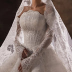 Luxury White Lace Long Sleeve Fitted Train Wedding Dress with Veil SW524