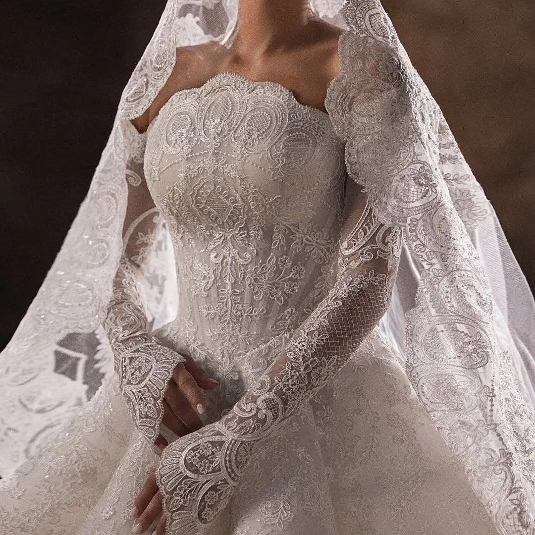 Luxury White Lace Long Sleeve Fitted Train Wedding Dress with Veil SW524