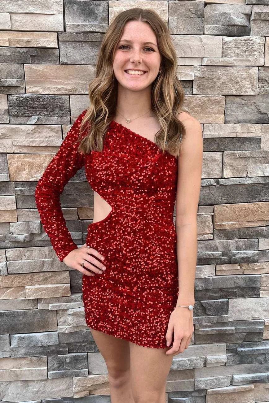 Purple Sequin One-Sleeve Cutout Short Homecoming Dress by KissProm