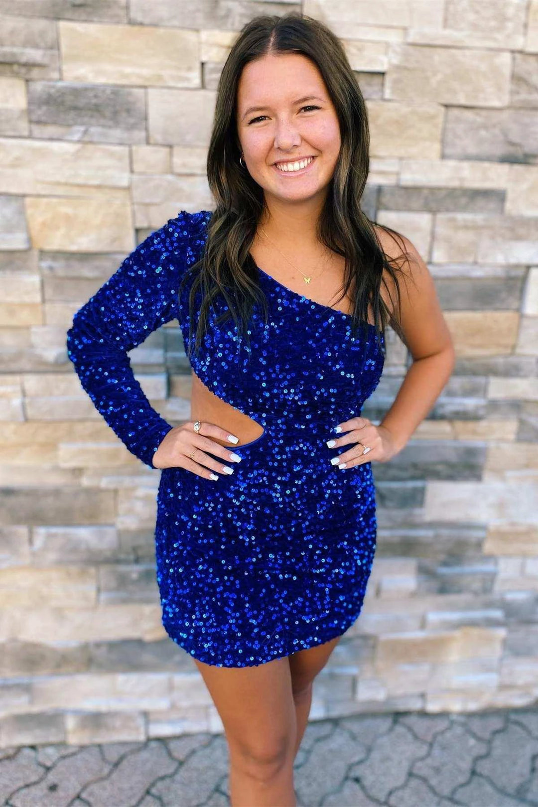 Purple Sequin One-Sleeve Cutout Short Homecoming Dress by KissProm