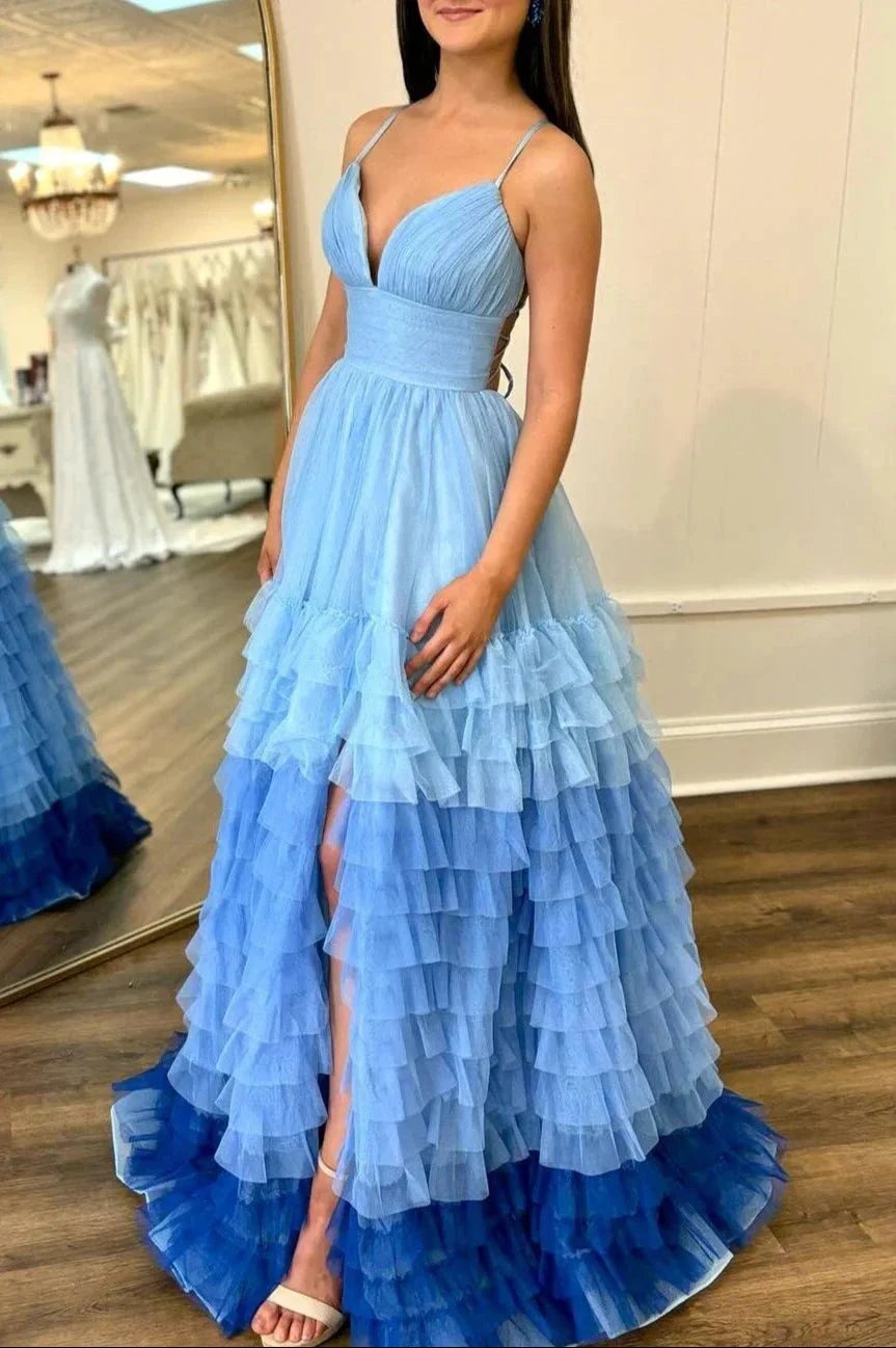 Linae | A Line V Neck Lilac Tulle Prom Dresses with Slit by KissProm