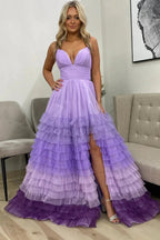 Linae | A Line V Neck Lilac Tulle Prom Dresses with Slit by KissProm