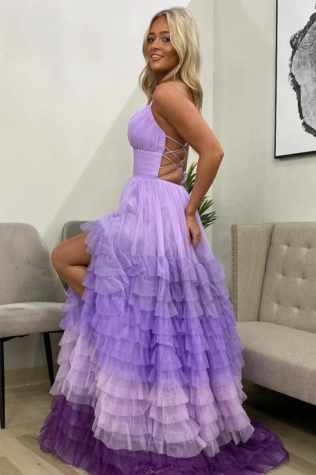 Linae | A Line V Neck Lilac Tulle Prom Dresses with Slit by KissProm