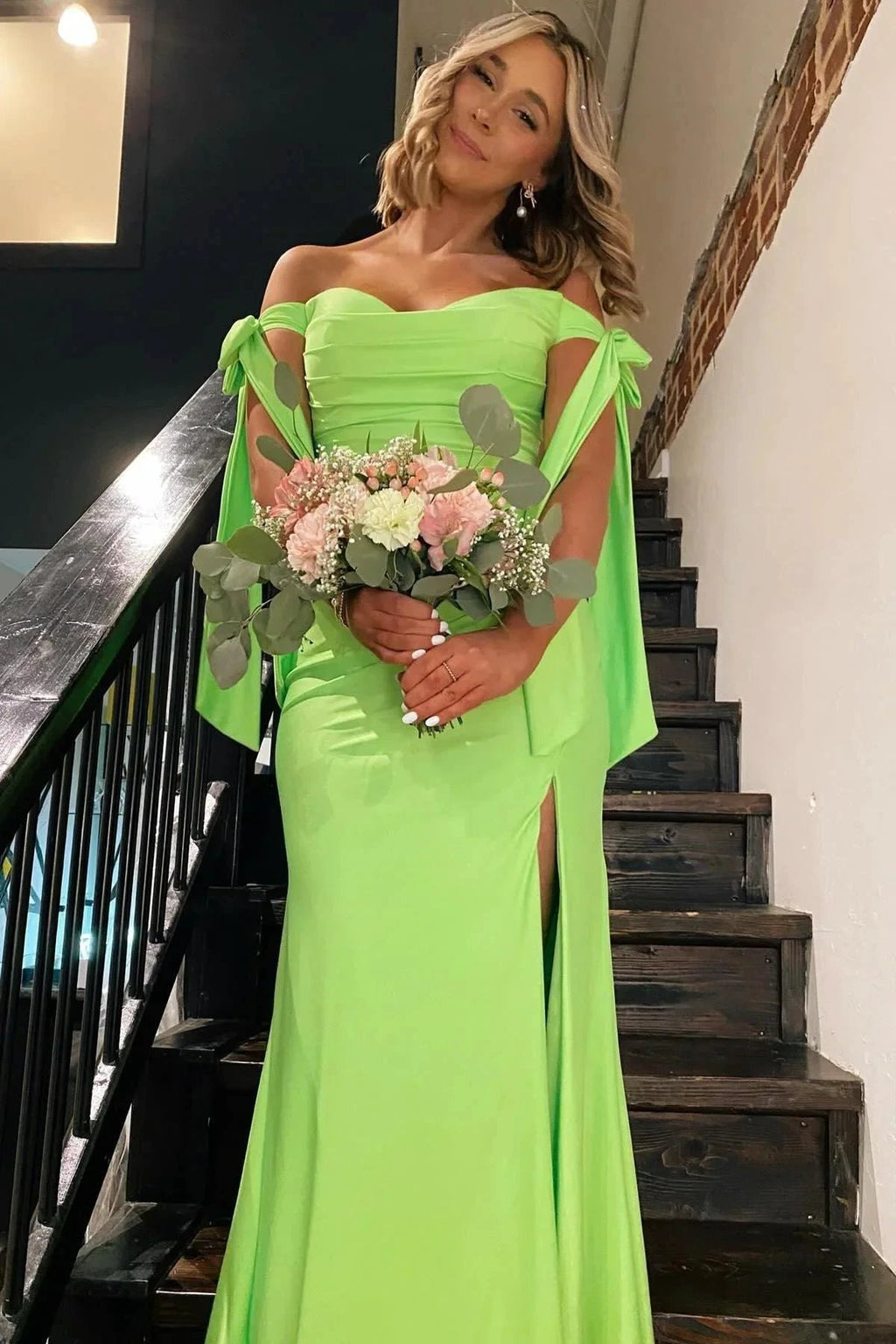 Lincoln | Off the Shoulder Lemon Green Ruched Mermaid Long Formal Dress by KissProm