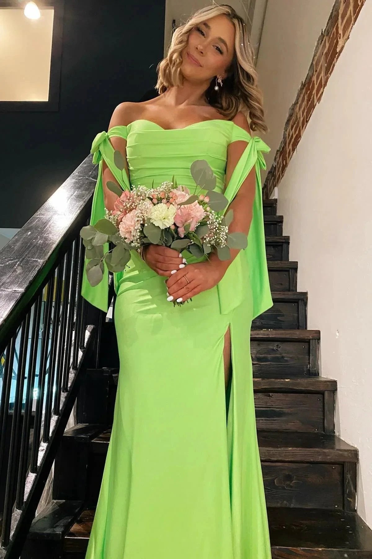 Lincoln | Off the Shoulder Lemon Green Ruched Mermaid Long Formal Dress by KissProm
