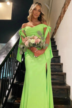 Lincoln | Off the Shoulder Lemon Green Ruched Mermaid Long Formal Dress by KissProm