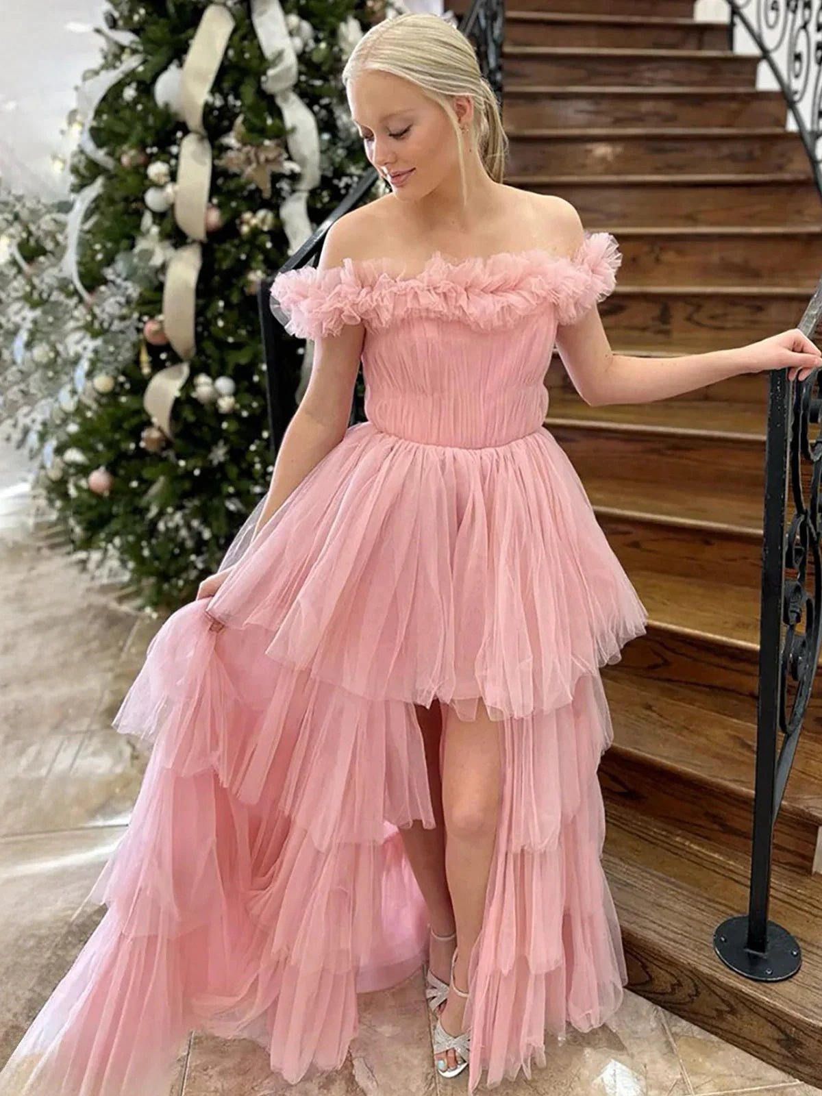Linen | Pink Off The Shoulder Tulle A Line Prom Dress With Split by KissProm