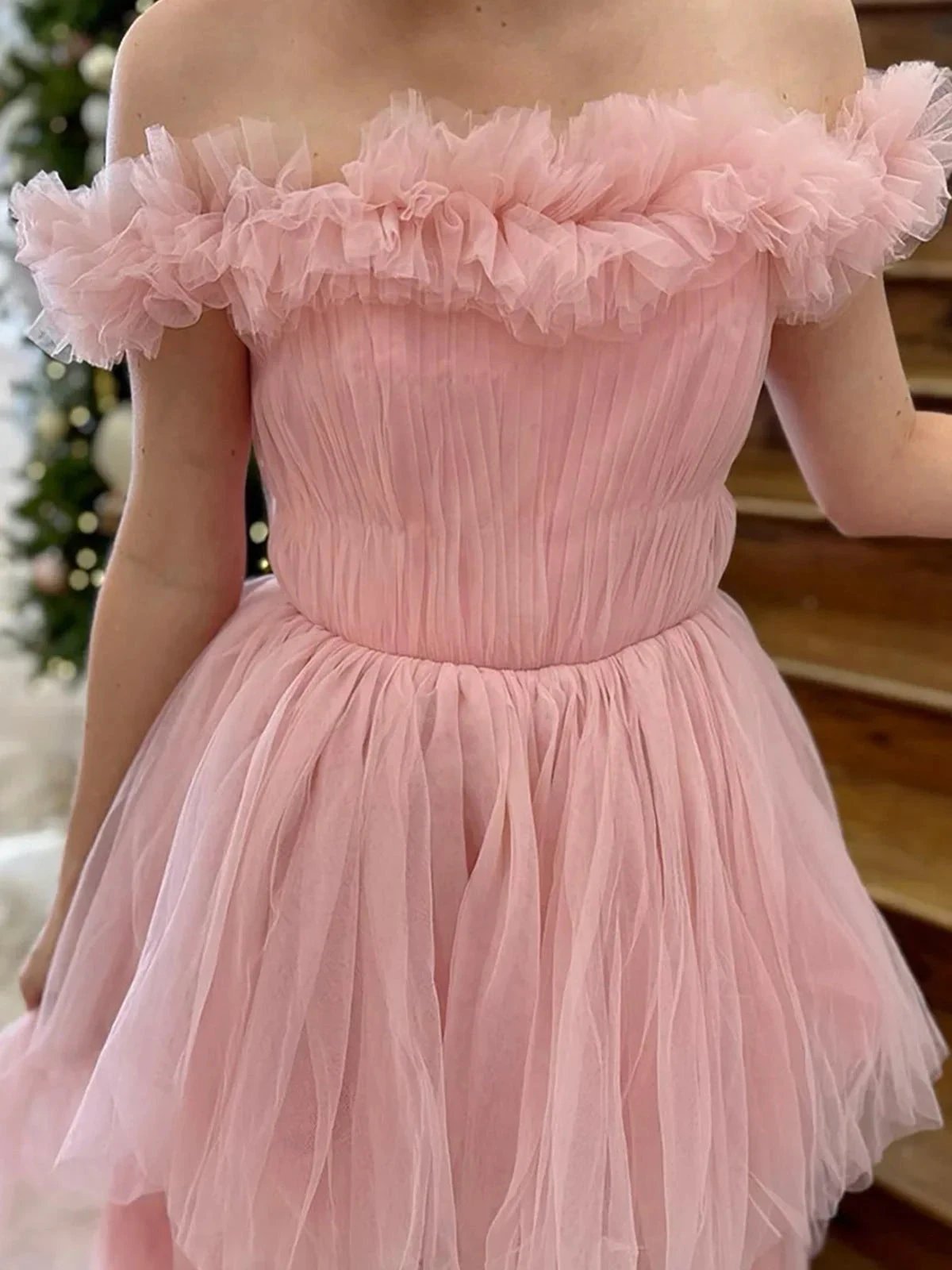 Linen | Pink Off The Shoulder Tulle A Line Prom Dress With Split by KissProm