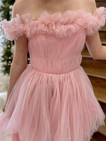 Vestido de fiesta de tul rosa con hombros descubiertos y abertura, corte A, de lino |