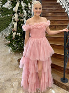 Linen | Pink Off The Shoulder Tulle A Line Prom Dress With Split by KissProm