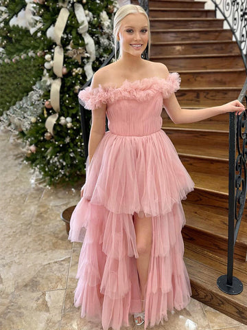 Vestido de fiesta de tul rosa con hombros descubiertos y abertura, corte A, de lino |