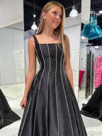 Linlee | Black A-Line Straps Square Beads Pleated Long Prom Dress by KissProm
