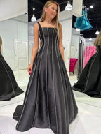 Linlee | Black A-Line Straps Square Beads Pleated Long Prom Dress by KissProm