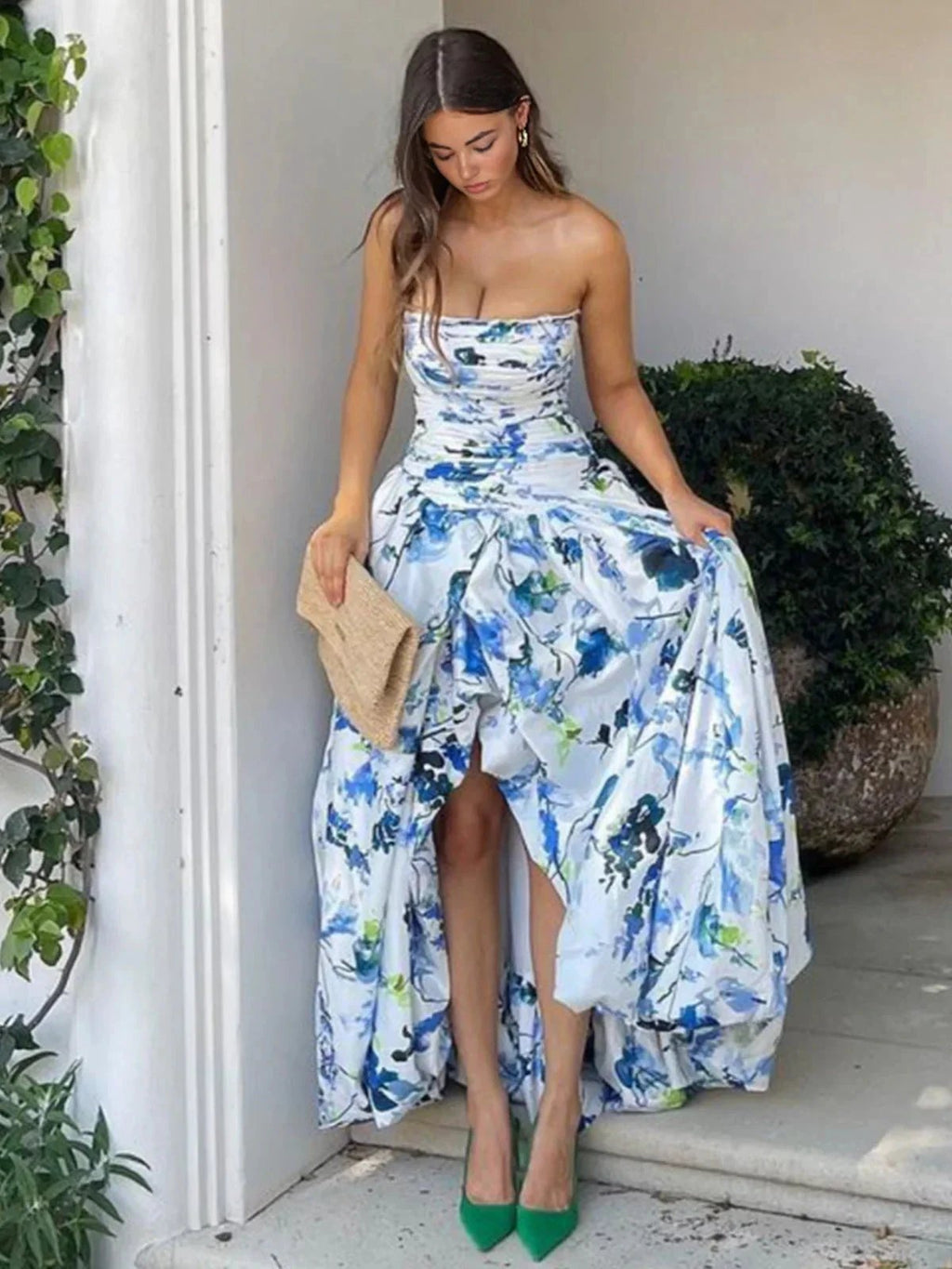 Litte | A-Line Blue Printed Strapless Long Prom Dress by KissProm