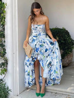 Litte | A-Line Blue Printed Strapless Long Prom Dress by KissProm
