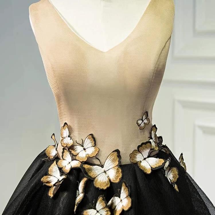 Little Black Homecoming Dress Butterfly V-neck Short Prom Dress PD397 by pgmdress