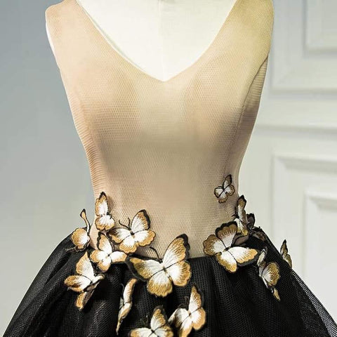 Little Black Homecoming Dress Butterfly V-neck Short Prom Dress PD397