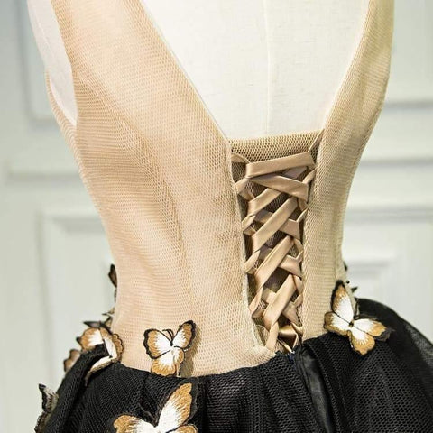 Little Black Homecoming Dress Butterfly V-neck Short Prom Dress PD397