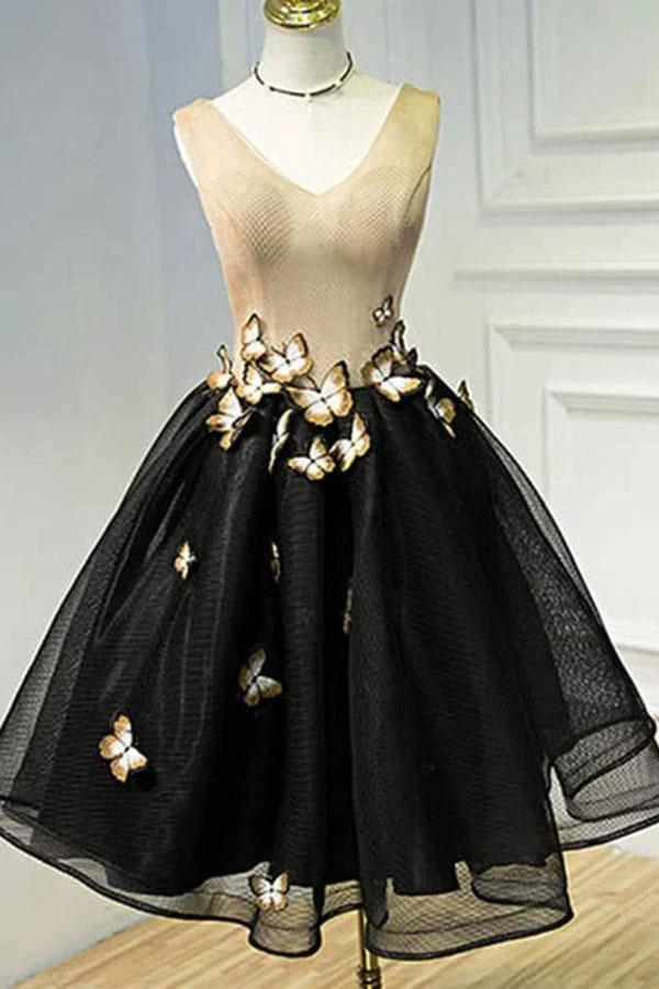 Little Black Homecoming Dress Butterfly V-neck Short Prom Dress PD397 by pgmdress