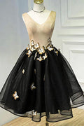 Little Black Homecoming Dress Butterfly V-neck Short Prom Dress PD397 by pgmdress