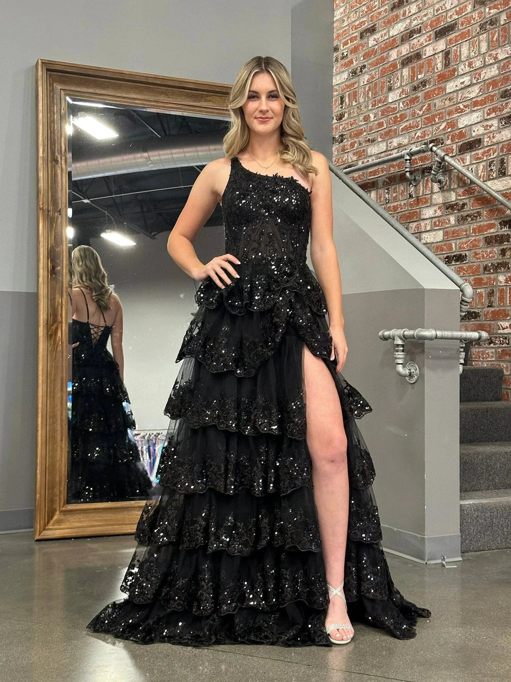Livia |Sheath One Shoulder Tiered Lace Long Prom Dress by KissProm