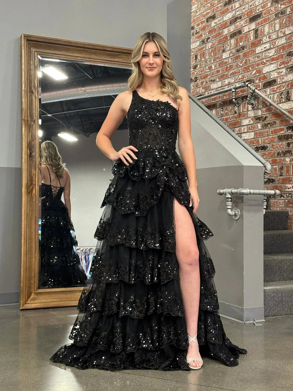 Livia |Sheath One Shoulder Tiered Lace Long Prom Dress by KissProm