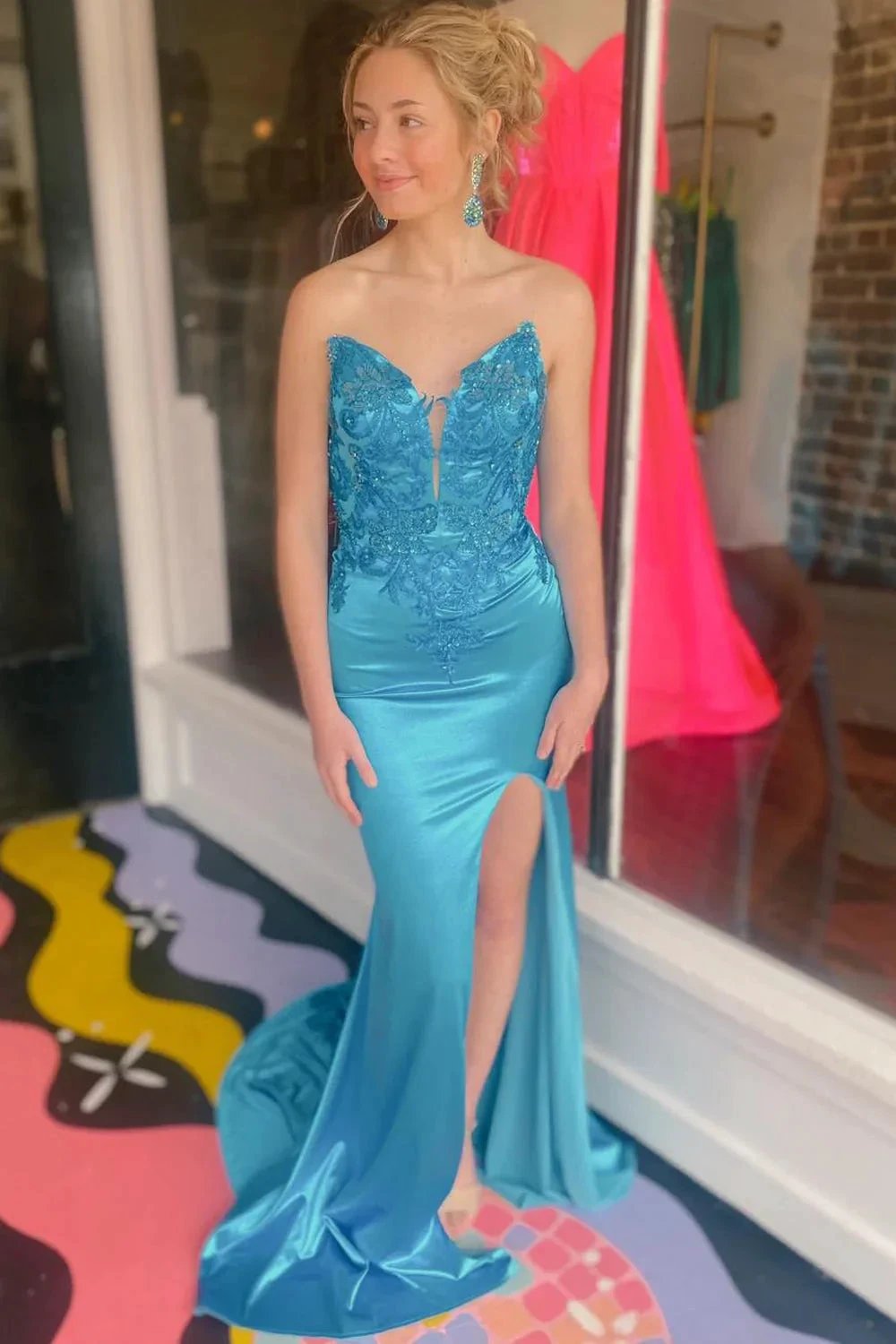 Loey | Mermaid V Neck Blue Satin Mermaid Prom Dress with Slit by KissProm