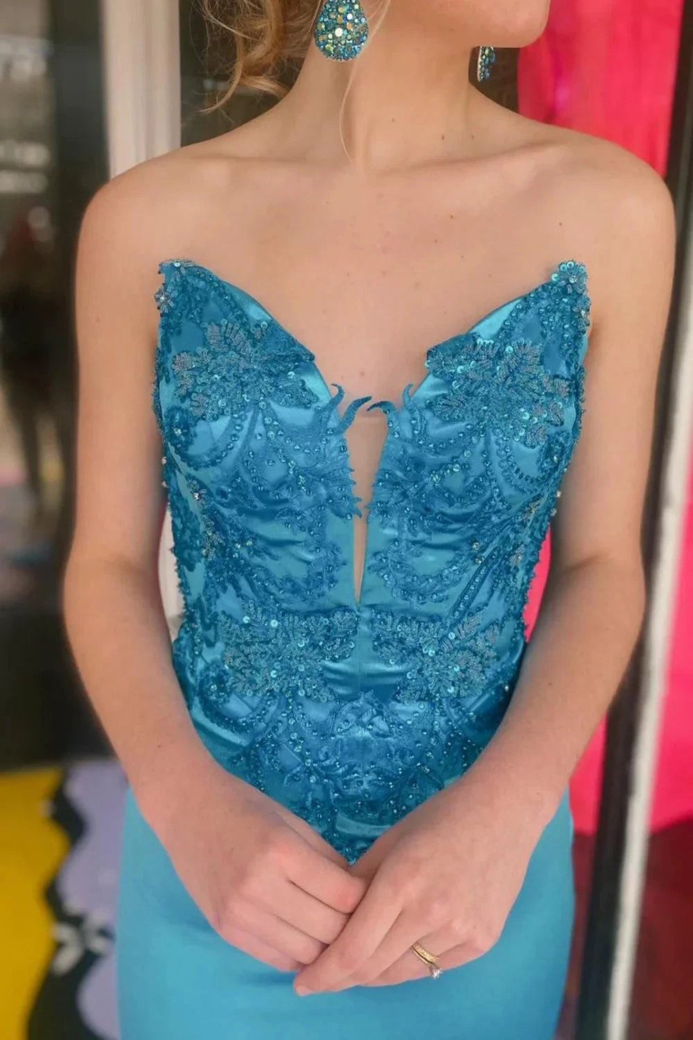 Loey | Mermaid V Neck Blue Satin Mermaid Prom Dress with Slit by KissProm