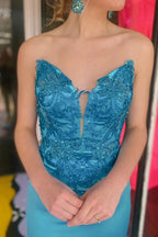Loey | Mermaid V Neck Blue Satin Mermaid Prom Dress with Slit by KissProm