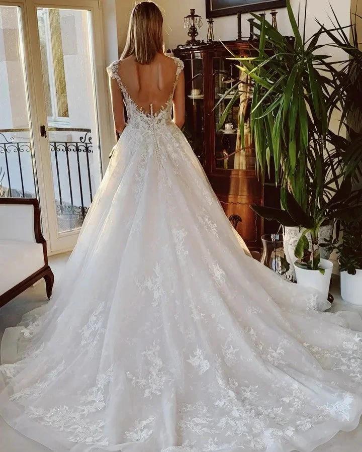Long A-line Appliques Lace Backless Church Train Wedding Dress by BIZTUNNEL