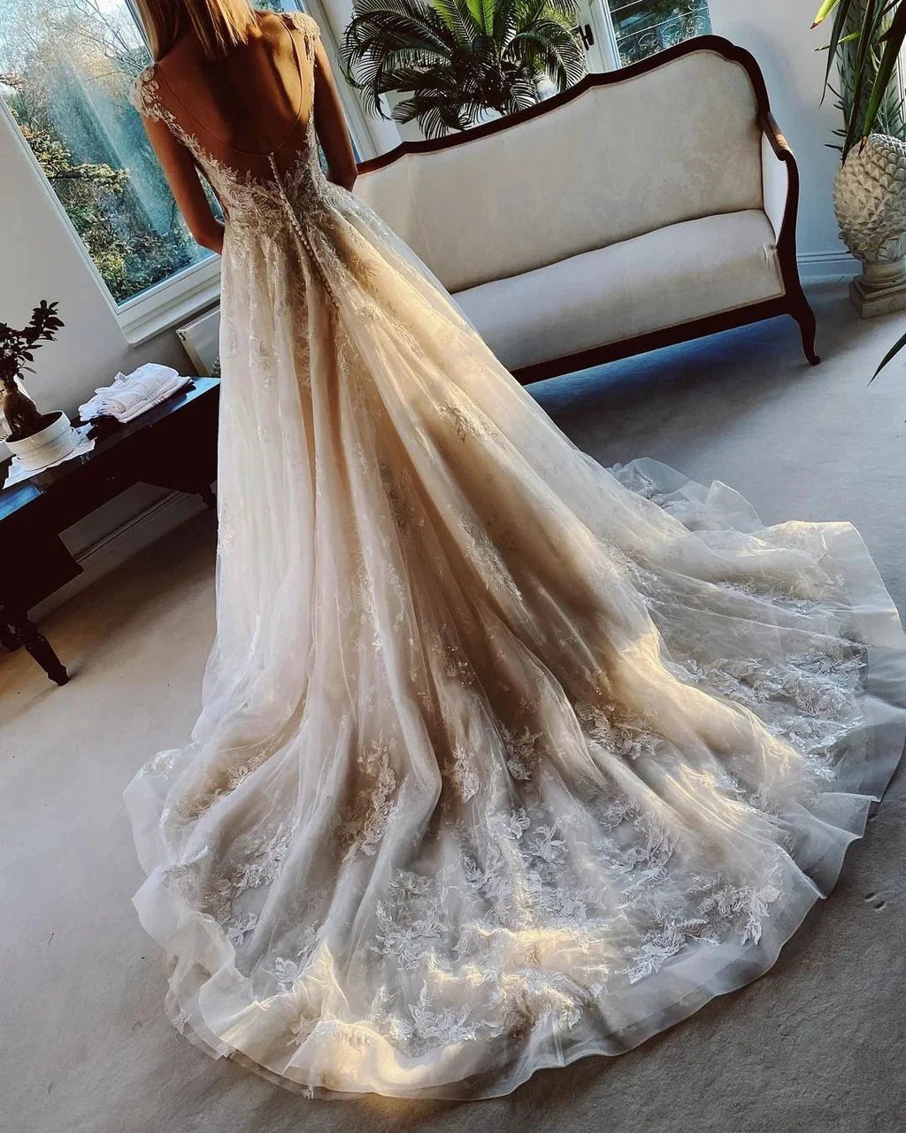 Long A-line Appliques Lace Backless Church Train Wedding Dress by BIZTUNNEL