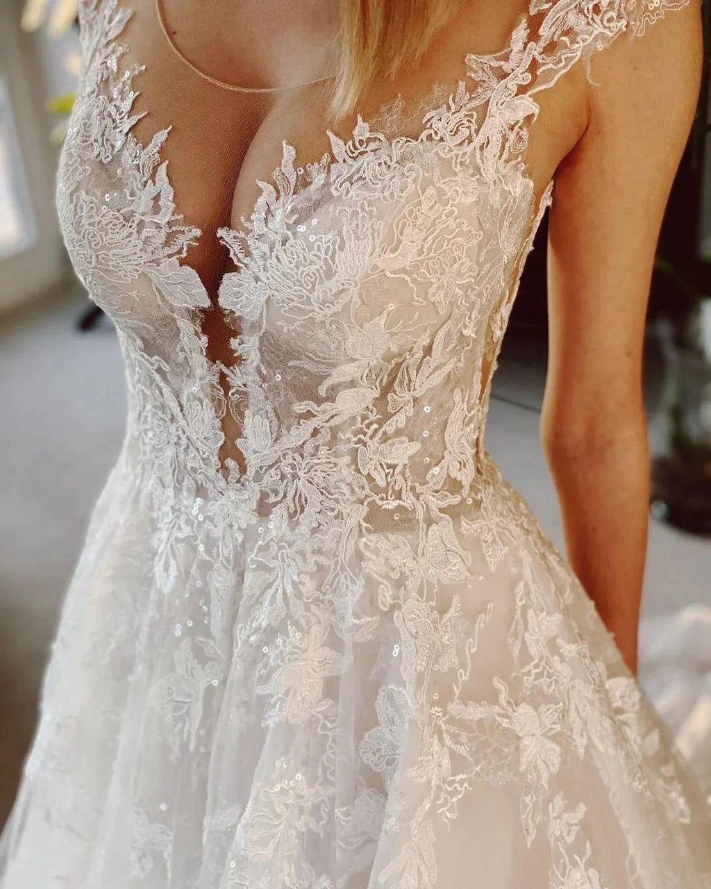 Long A-line Appliques Lace Backless Church Train Wedding Dress by BIZTUNNEL
