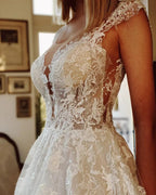Long A-line Appliques Lace Backless Church Train Wedding Dress by BIZTUNNEL