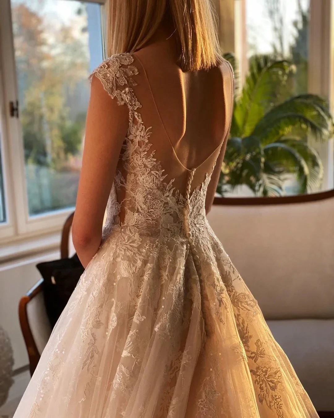Long A-line Appliques Lace Backless Church Train Wedding Dress by BIZTUNNEL