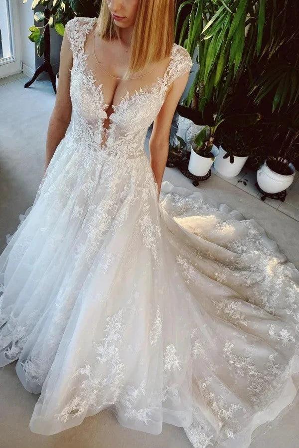 Long A-line Appliques Lace Backless Church Train Wedding Dress by BIZTUNNEL