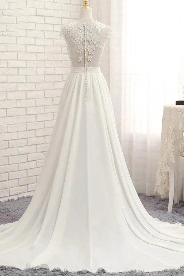Long A-line Appliques Lace Chiffon Wedding Dress with Slit by BIZTUNNEL